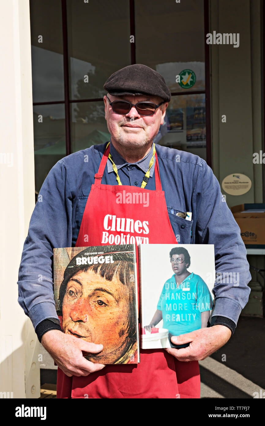Bookseller at Clunes Booktown festival in the 1850`s gold mining town of Clunes in Victoria Australia. Stock Photo